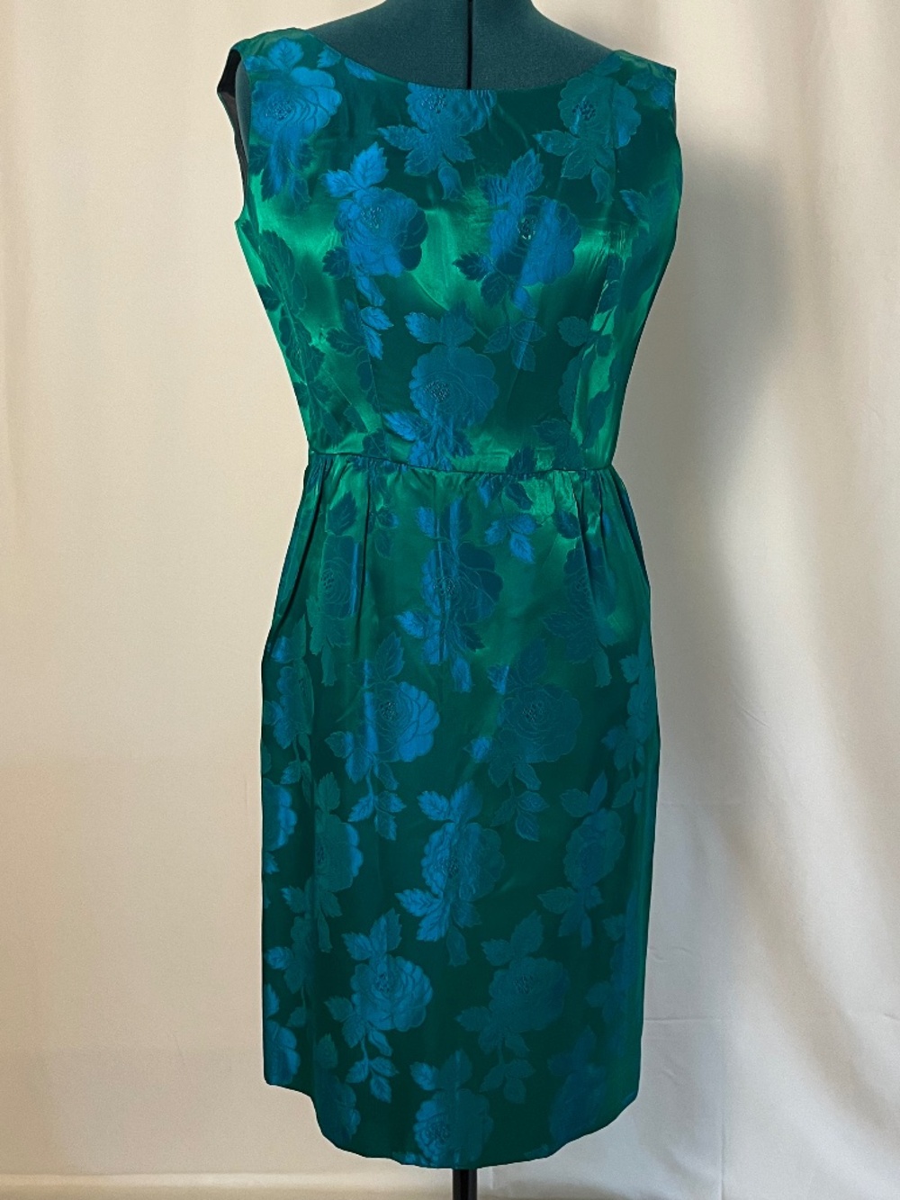 Vintage 1950s Cocktail Dress Silk Green and Blue Floral